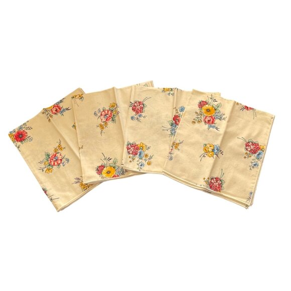 4 VTG Cloth Napkins Cream Yellow Red Floral Upcycle Crafting STAINS - Picture 1 of 8